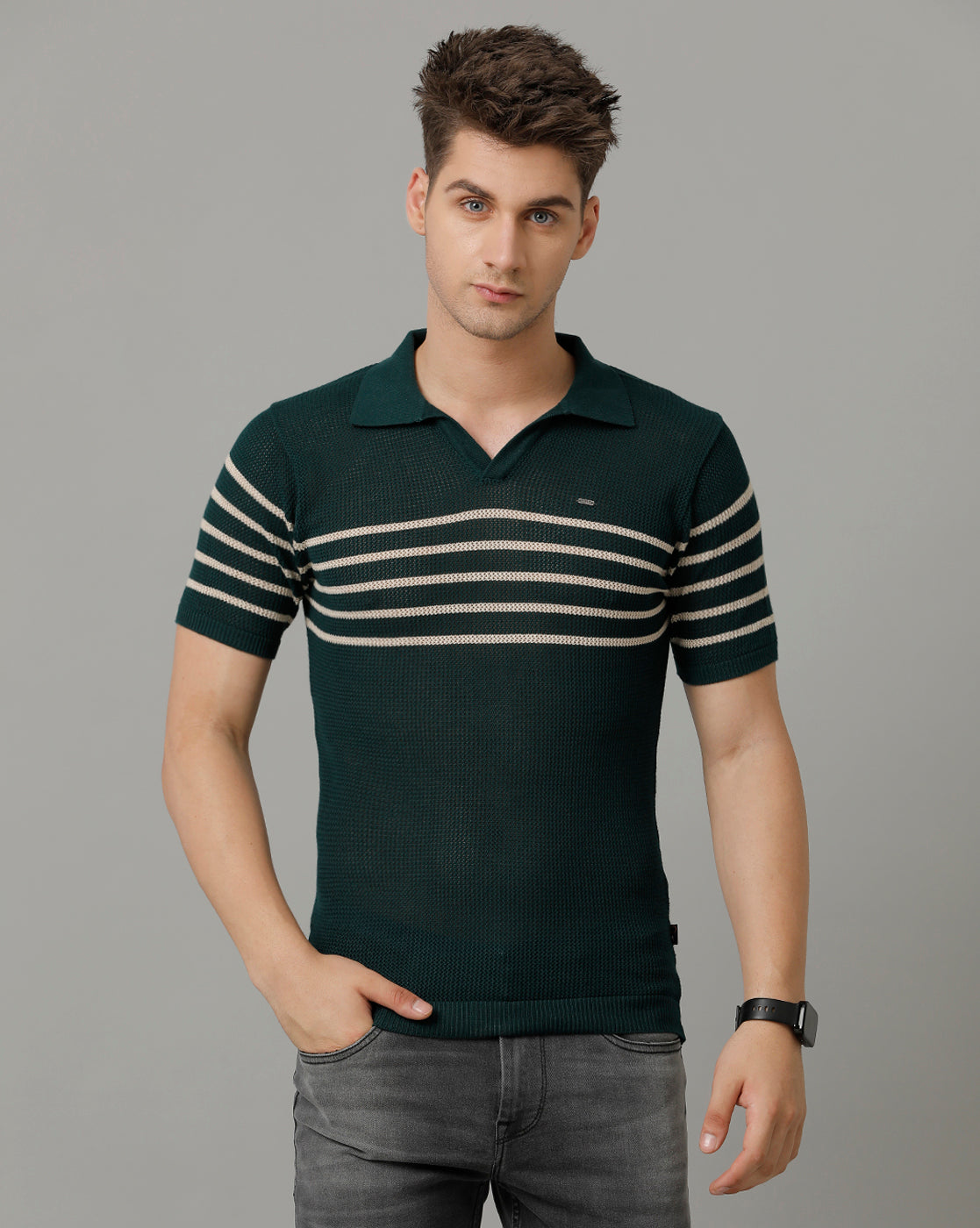 Identiti Green Half Sleeve Striped Slim Fit Cotton Casual Polo T-Shirt For Men.