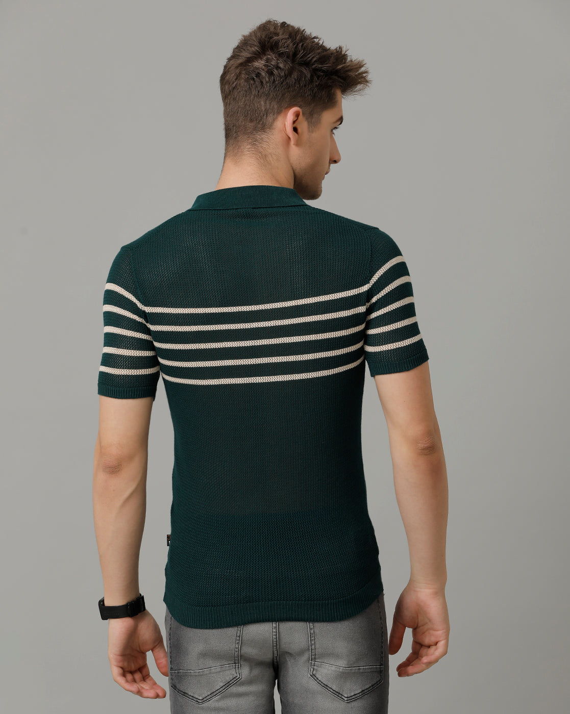 Identiti Green Half Sleeve Striped Slim Fit Cotton Casual Polo T-Shirt For Men.