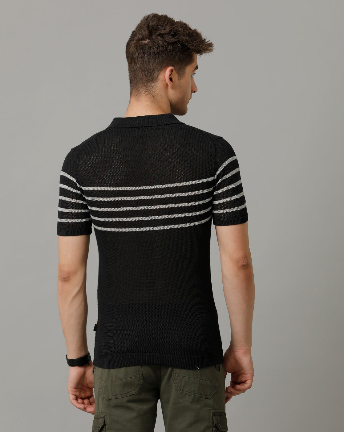 Identiti Charcoal Half Sleeve Striped Slim Fit Cotton Casual Polo T-Shirt For Men.