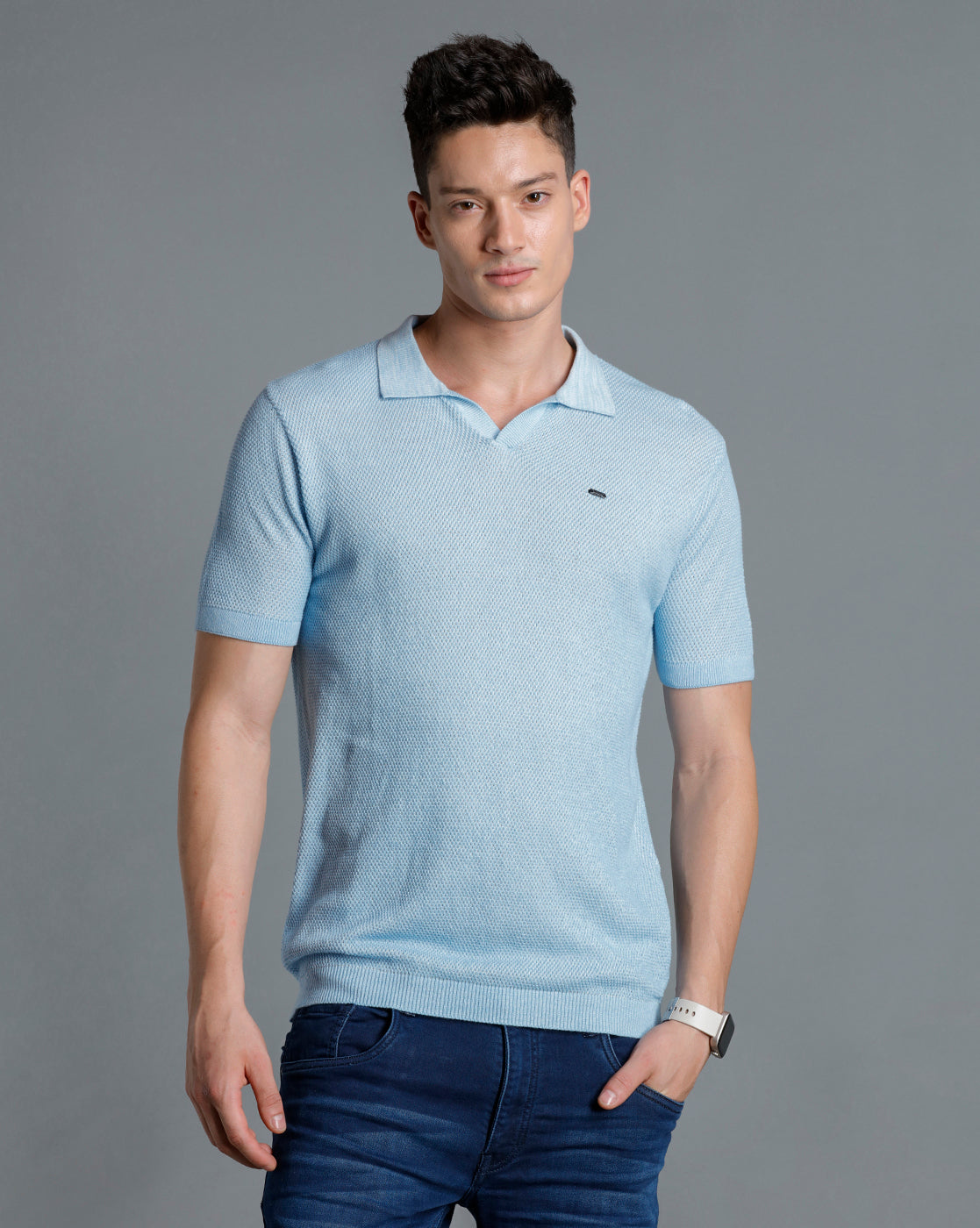Identiti Blue Half Sleeve Solid Slim Fit Cotton Casual Polo T-Shirt For Men