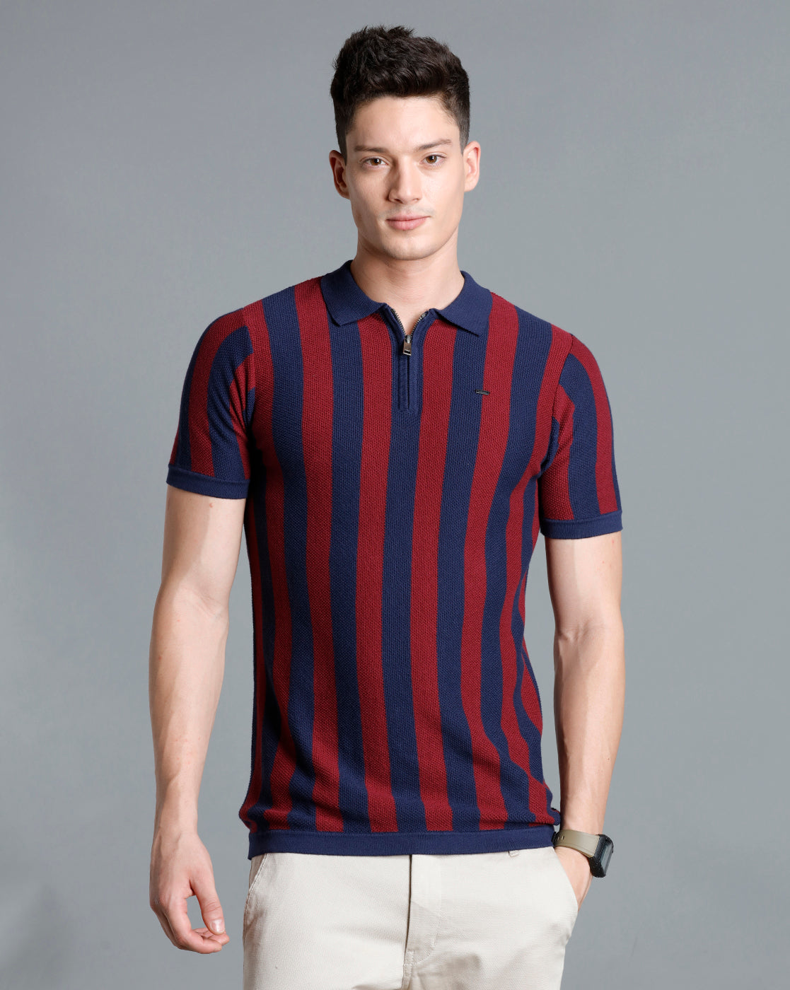Identiti Mint Navy blue Half Sleeve Striped Slim Fit Cotton Casual Polo T-Shirt For Men