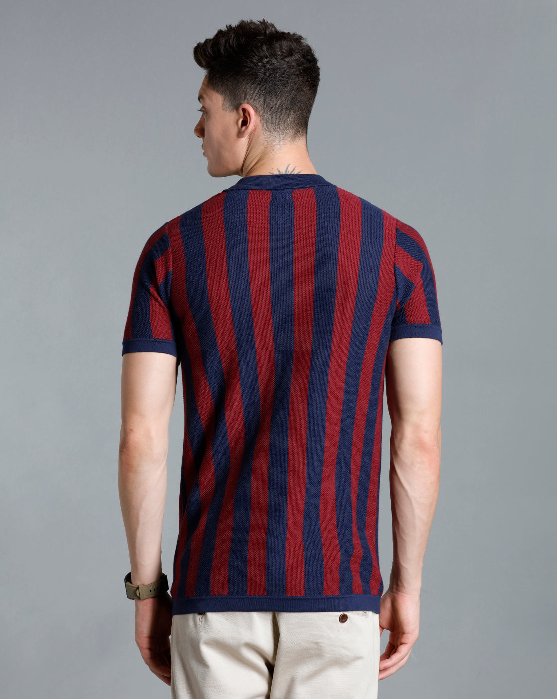 Identiti Mint Navy blue Half Sleeve Striped Slim Fit Cotton Casual Polo T-Shirt For Men
