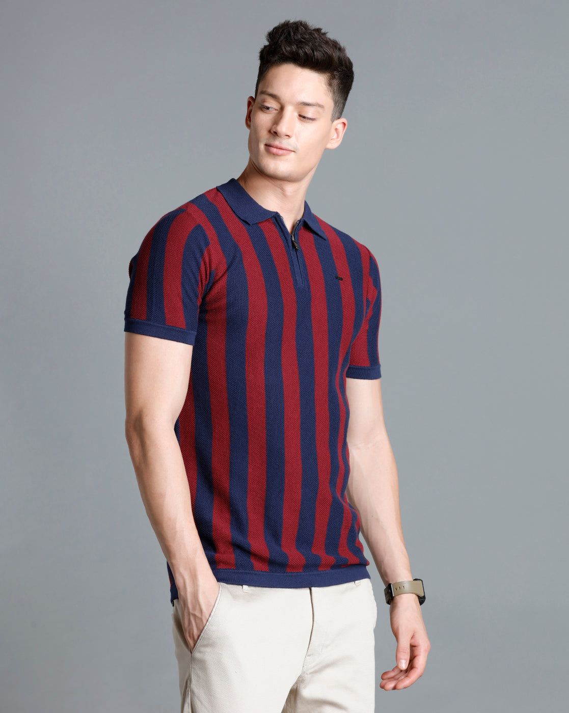 Identiti Mint Navy blue Half Sleeve Striped Slim Fit Cotton Casual Polo T-Shirt For Men
