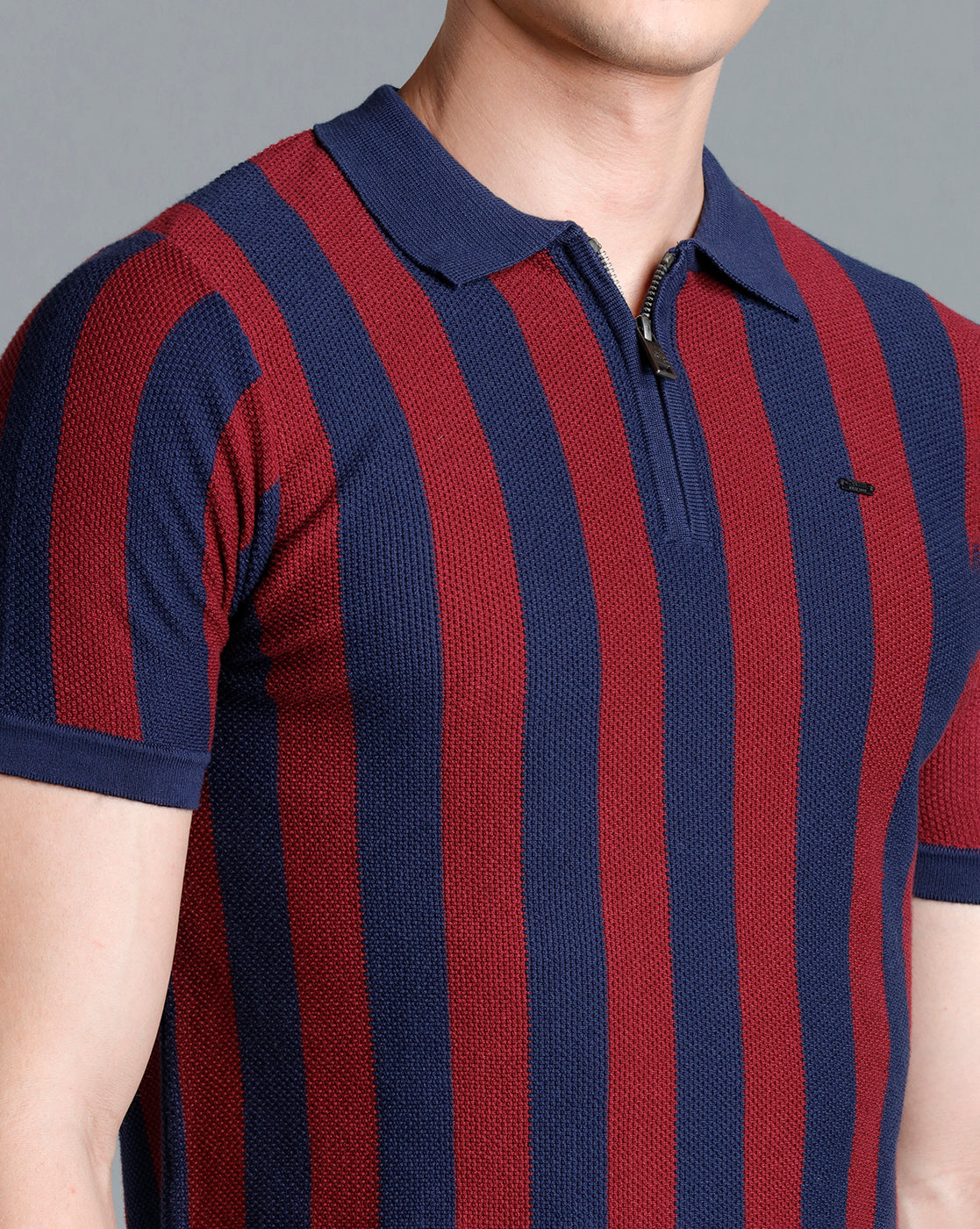 Identiti Mint Navy blue Half Sleeve Striped Slim Fit Cotton Casual Polo T-Shirt For Men