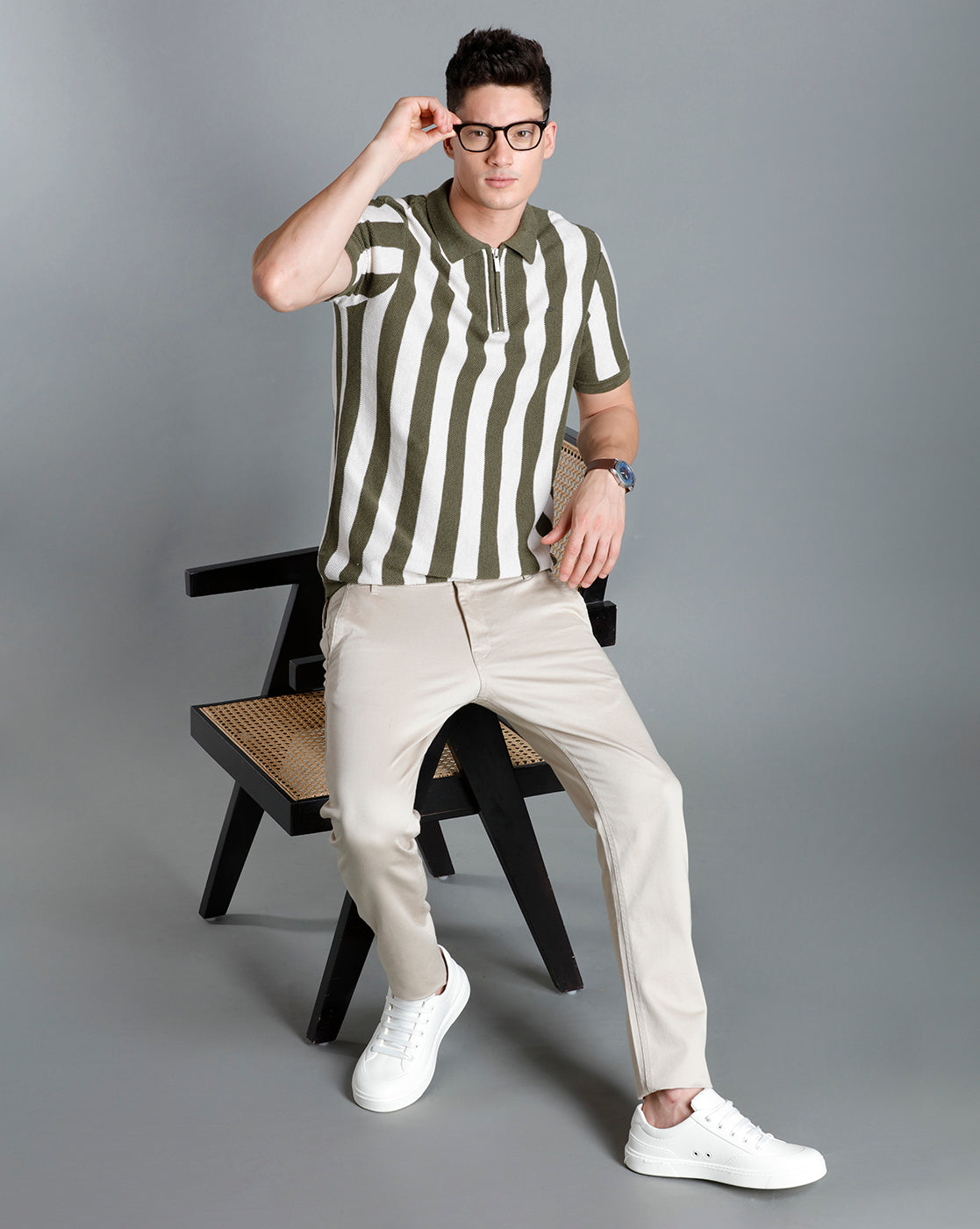 Identiti Green Half Sleeve Striped Slim Fit Cotton Casual Polo T-Shirt For Men