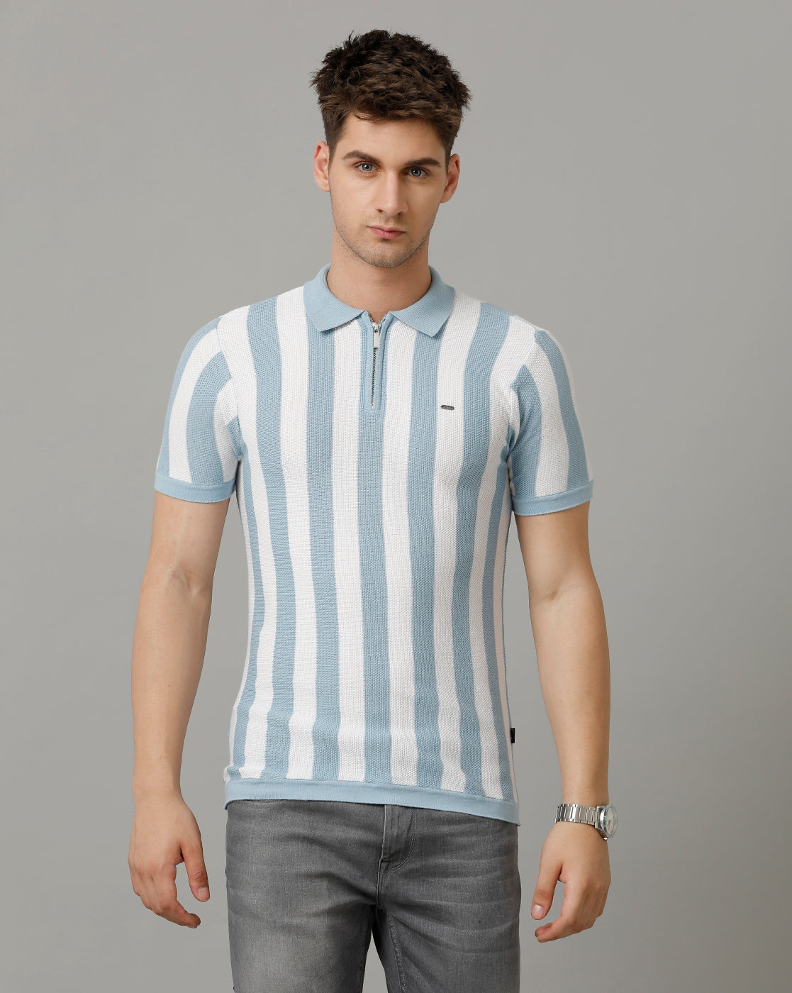 Identiti Powder blue Half Sleeve Striped Slim Fit Cotton Casual Polo T-Shirt For Men.