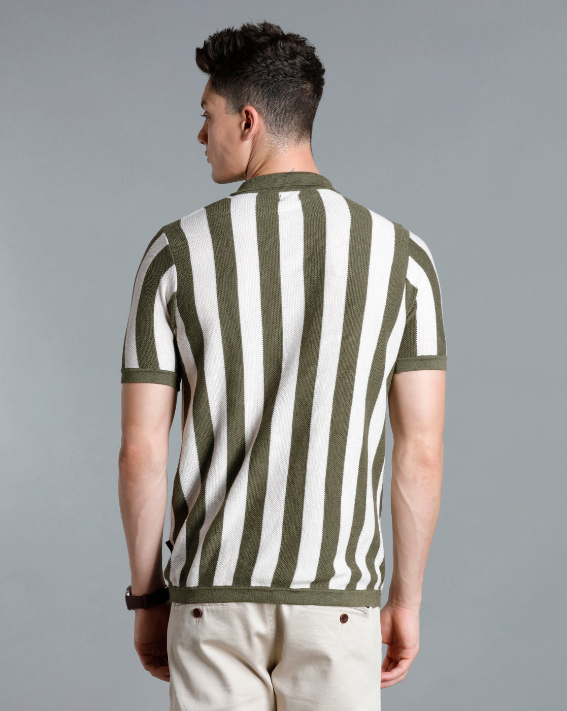 Identiti Green Half Sleeve Striped Slim Fit Cotton Casual Polo T-Shirt For Men