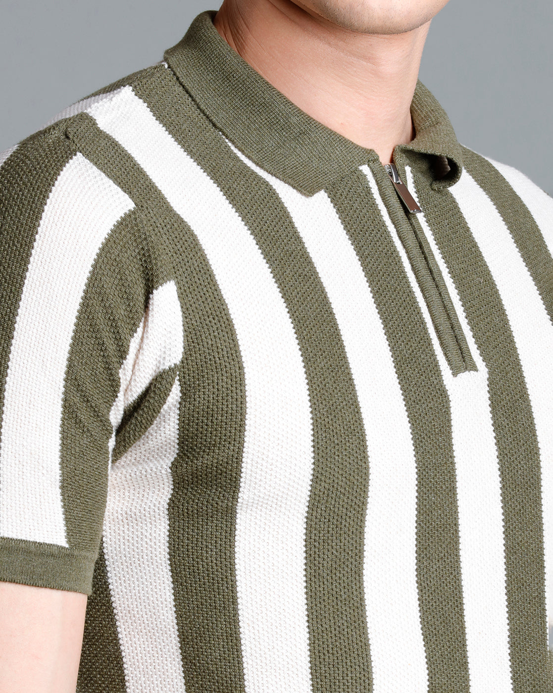 Identiti Green Half Sleeve Striped Slim Fit Cotton Casual Polo T-Shirt For Men