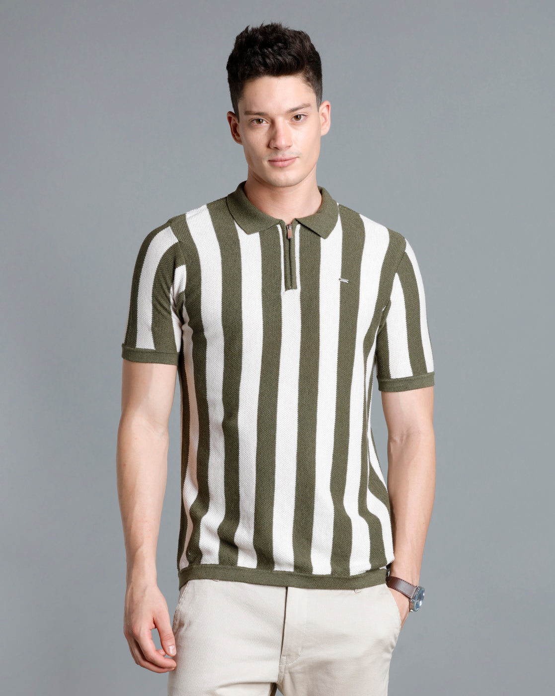 Identiti Green Half Sleeve Striped Slim Fit Cotton Casual Polo T-Shirt For Men