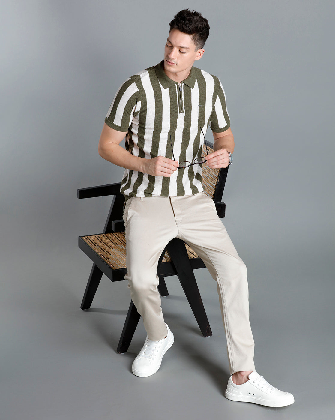 Identiti Green Half Sleeve Striped Slim Fit Cotton Casual Polo T-Shirt For Men