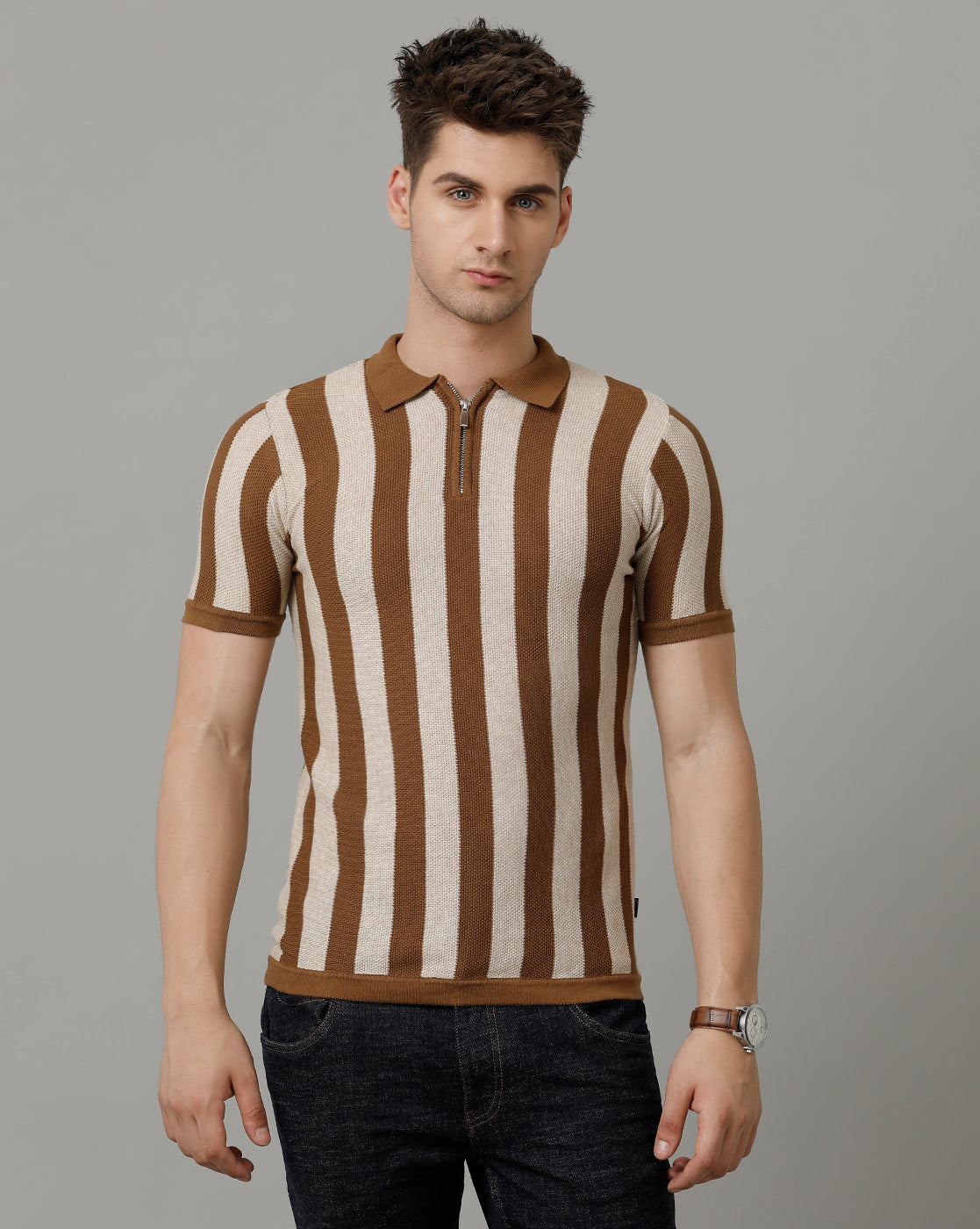 Identiti Brown Half Sleeve Striped Slim Fit Cotton Casual Polo T-Shirt For Men.