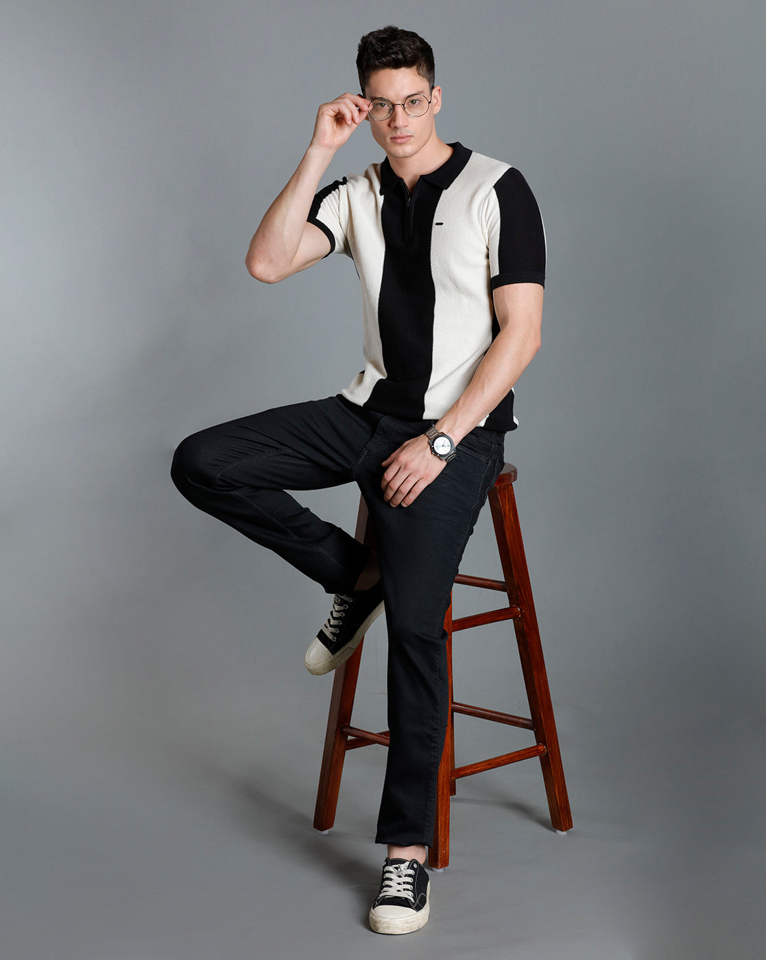 Identiti Black Half Sleeve Striped Slim Fit Cotton Casual Polo T-Shirt For Men