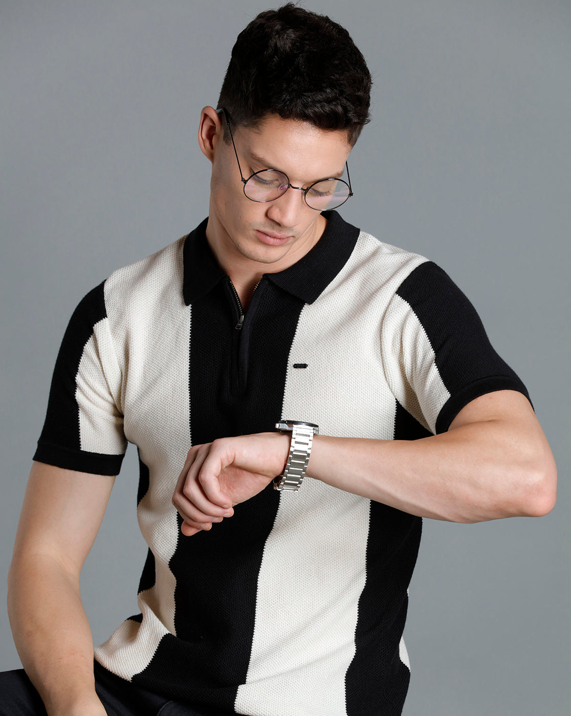 Identiti Black Half Sleeve Striped Slim Fit Cotton Casual Polo T-Shirt For Men