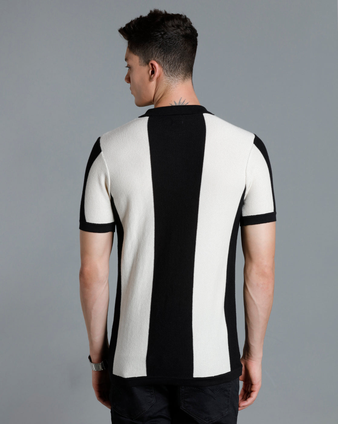 Identiti Black Half Sleeve Striped Slim Fit Cotton Casual Polo T-Shirt For Men