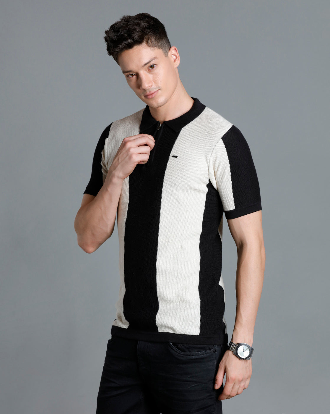 Identiti Black Half Sleeve Striped Slim Fit Cotton Casual Polo T-Shirt For Men