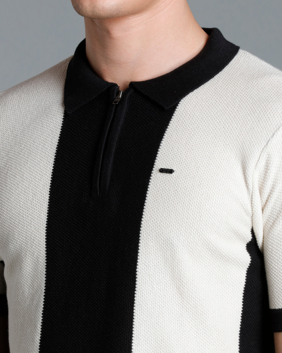 Identiti Black Half Sleeve Striped Slim Fit Cotton Casual Polo T-Shirt For Men