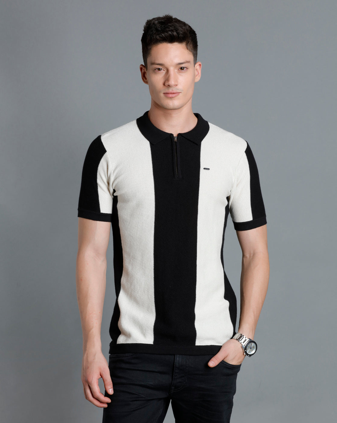 Identiti Black Half Sleeve Striped Slim Fit Cotton Casual Polo T-Shirt For Men