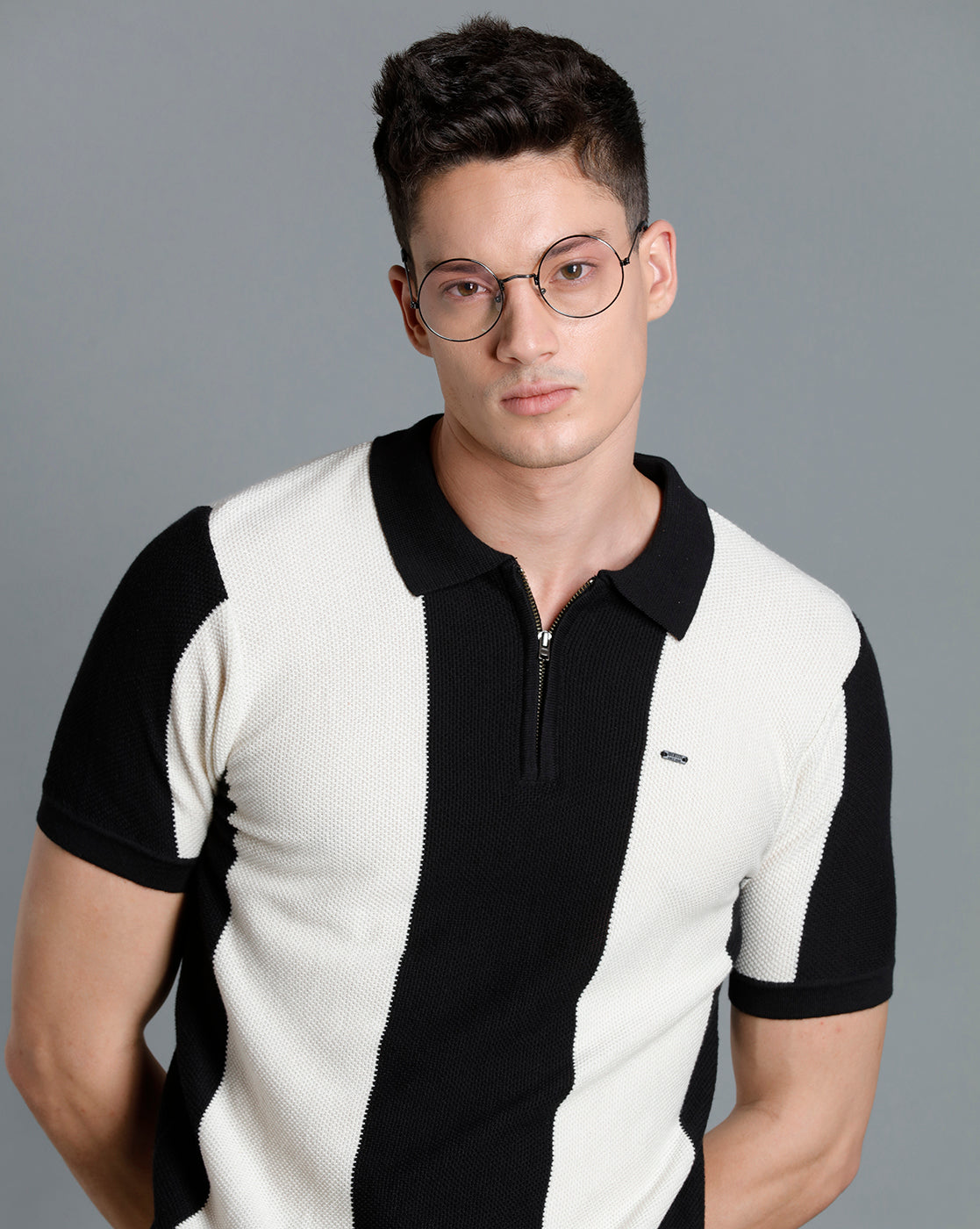 Identiti Black Half Sleeve Striped Slim Fit Cotton Casual Polo T-Shirt For Men