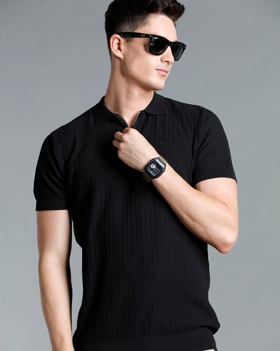 Identiti Black Half Sleeve Solid Slim Fit Cotton Casual Polo T-Shirt For Men