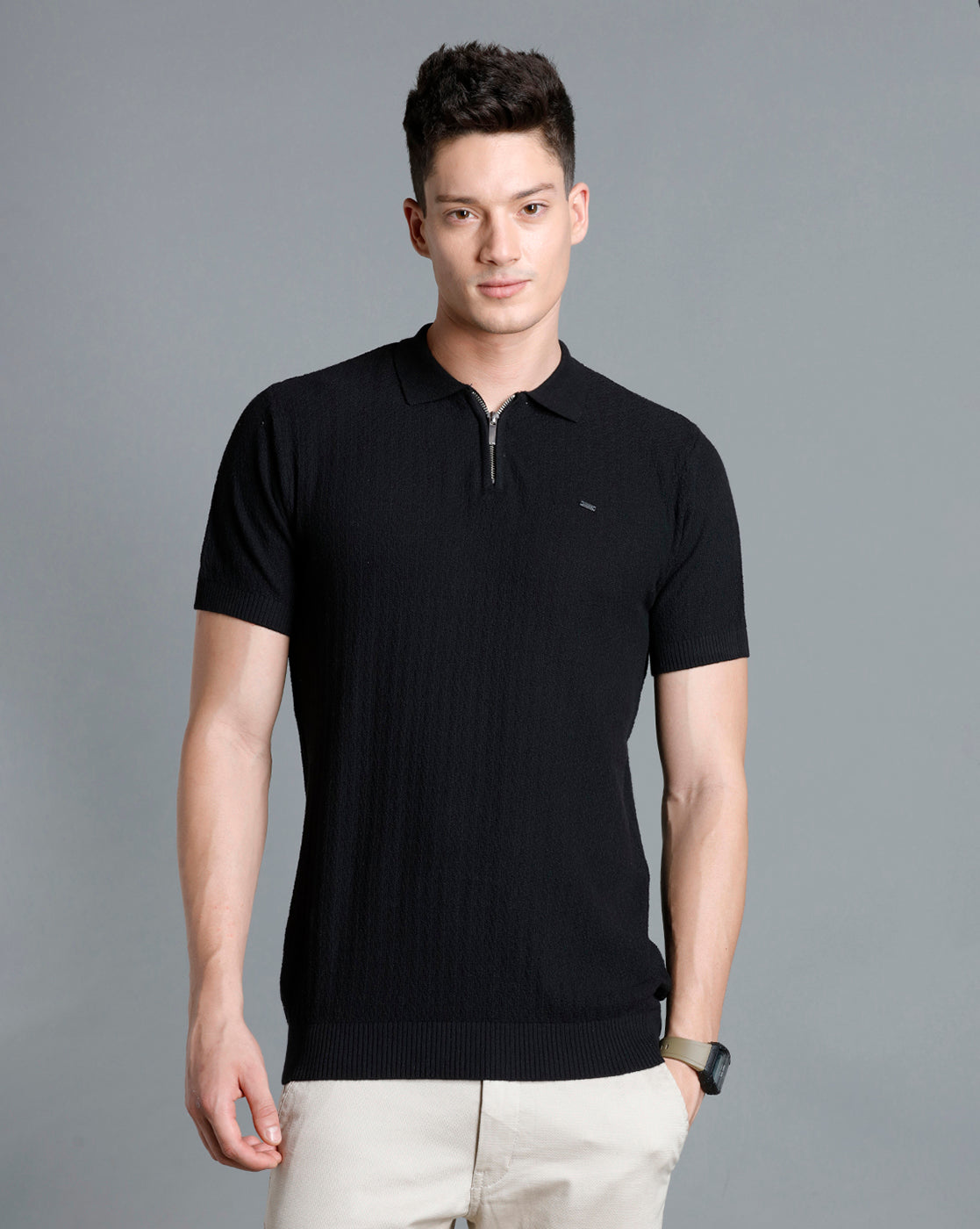 Identiti Black Half Sleeve Solid Slim Fit Cotton Casual Polo T-Shirt For Men