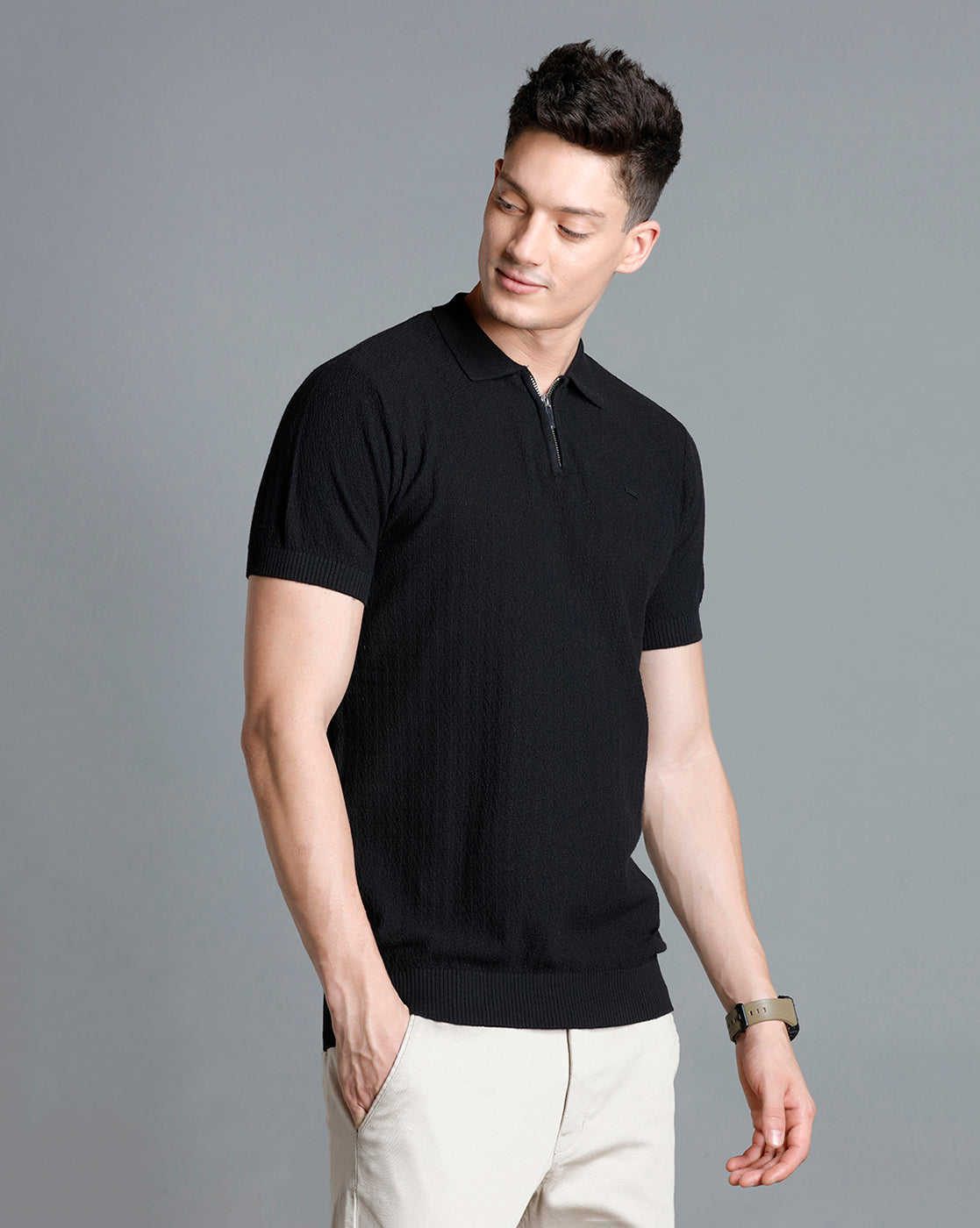 Identiti Black Half Sleeve Solid Slim Fit Cotton Casual Polo T-Shirt For Men