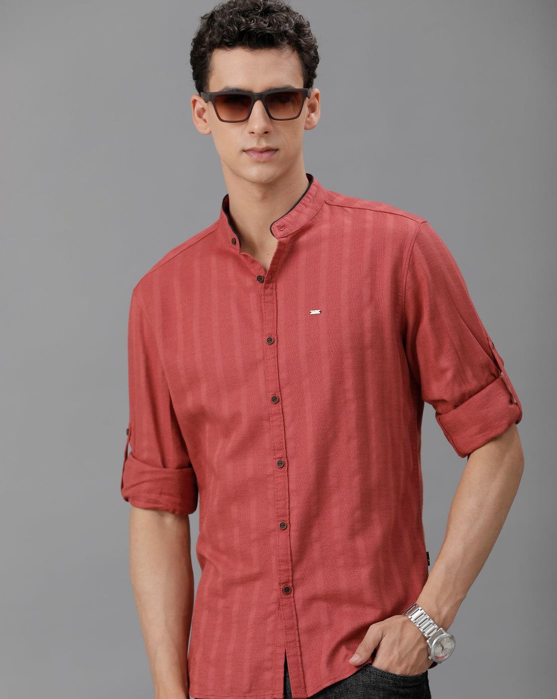 IDENTITI Men Slim Fit Mandarin Collar Solid Shirt In Rust.