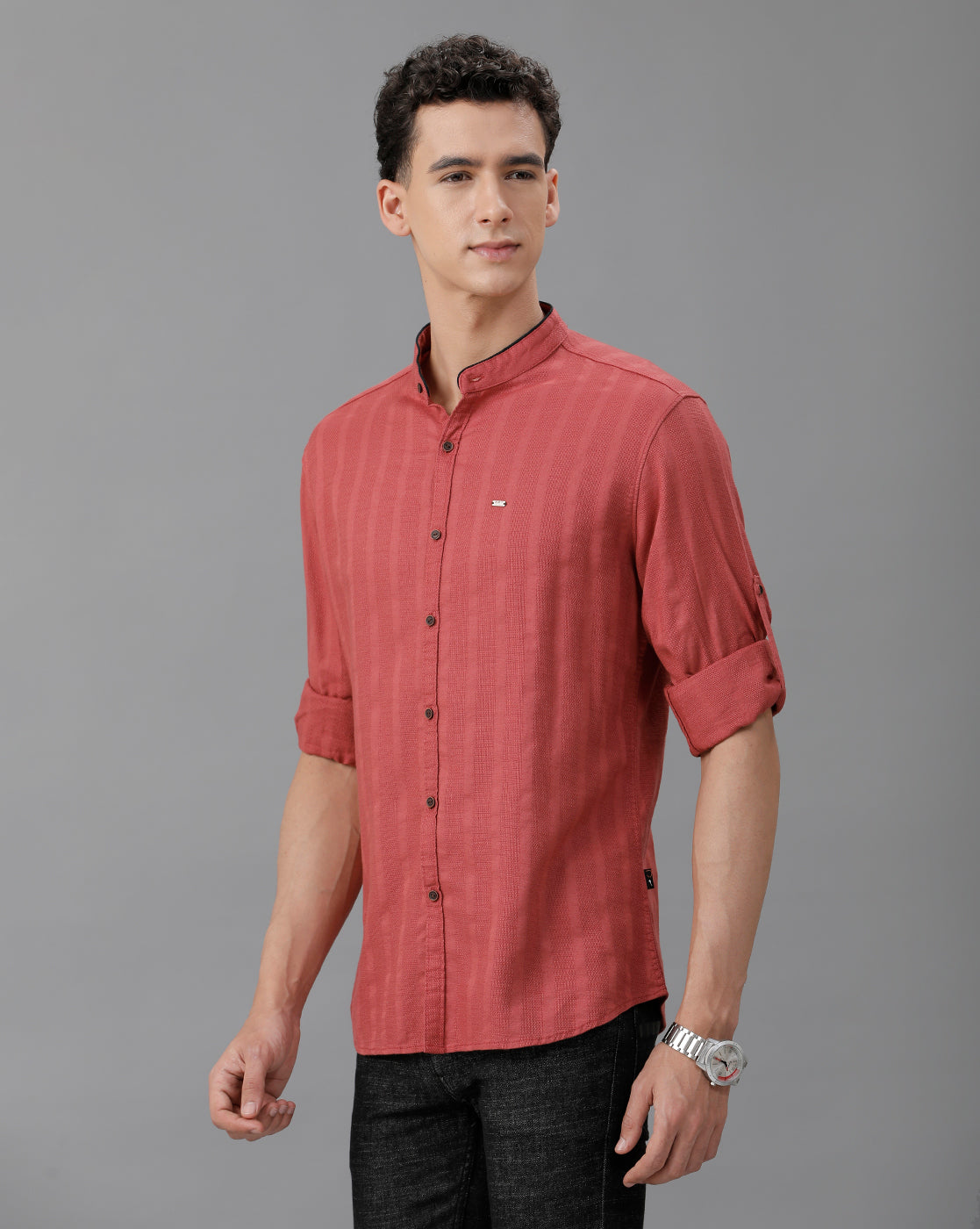 IDENTITI Men Slim Fit Mandarin Collar Solid Shirt In Rust.