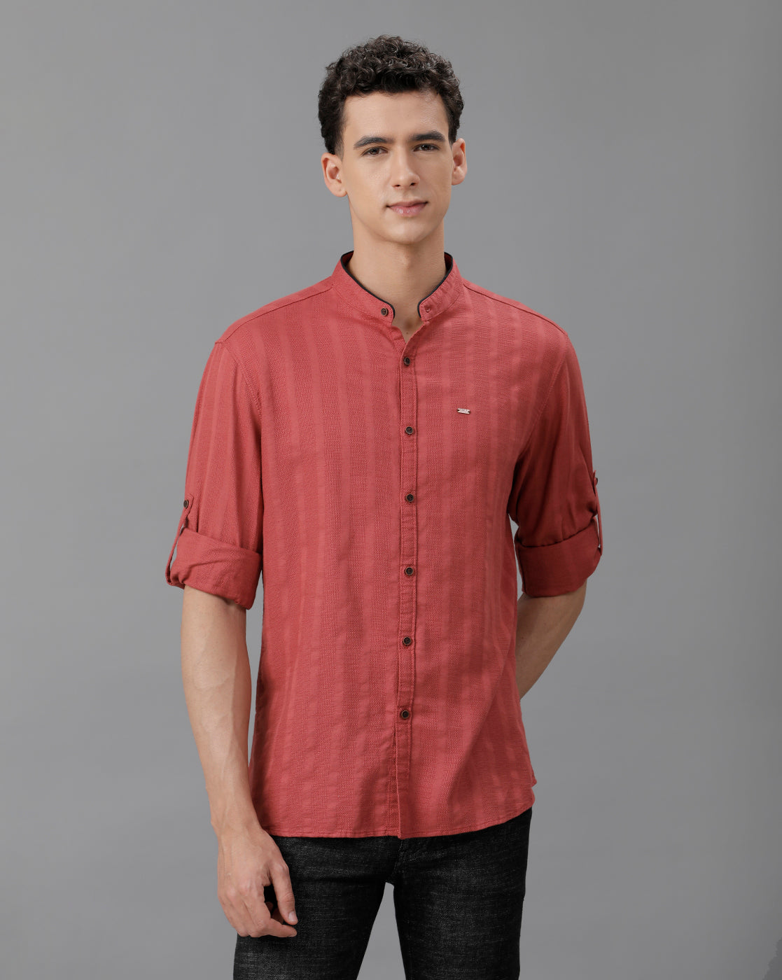 IDENTITI Men Slim Fit Mandarin Collar Solid Shirt In Rust.