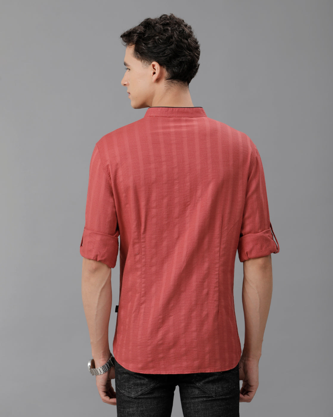 IDENTITI Men Slim Fit Mandarin Collar Solid Shirt In Rust.