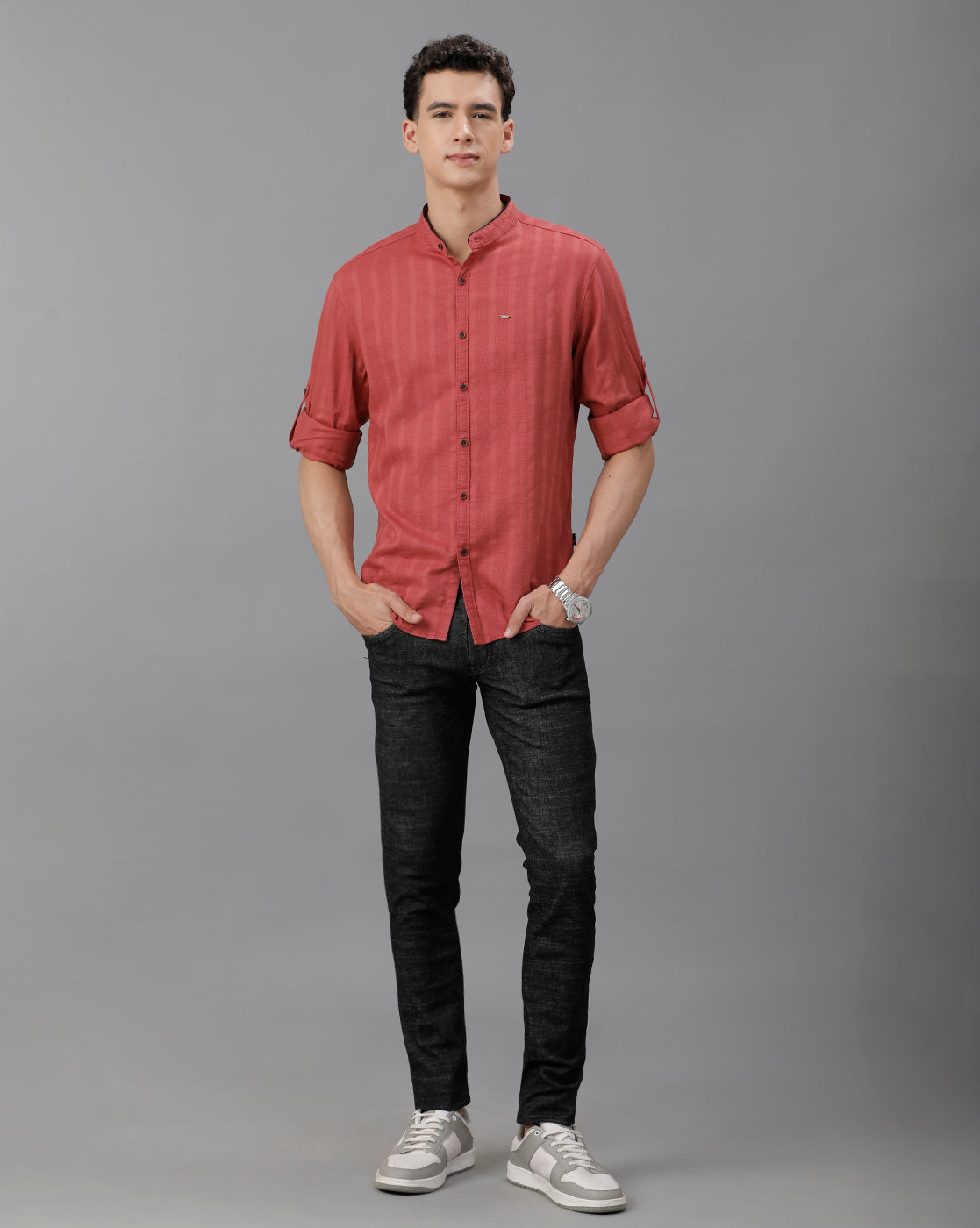 IDENTITI Men Slim Fit Mandarin Collar Solid Shirt In Rust.