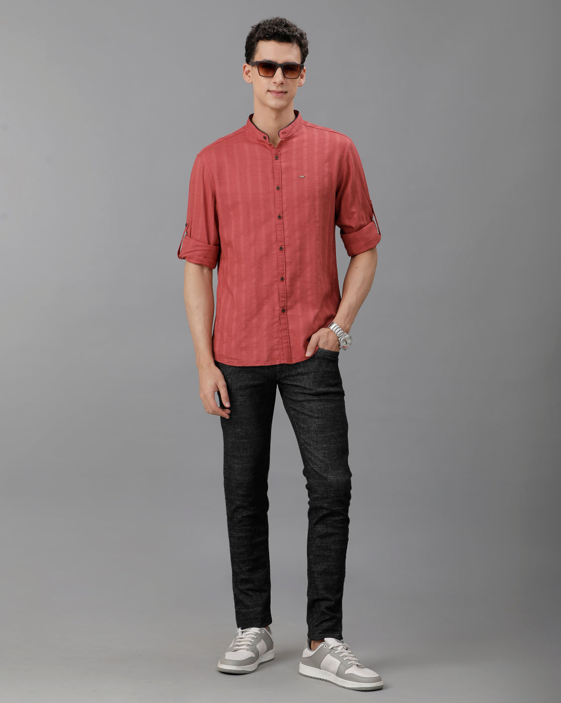 IDENTITI Men Slim Fit Mandarin Collar Solid Shirt In Rust.