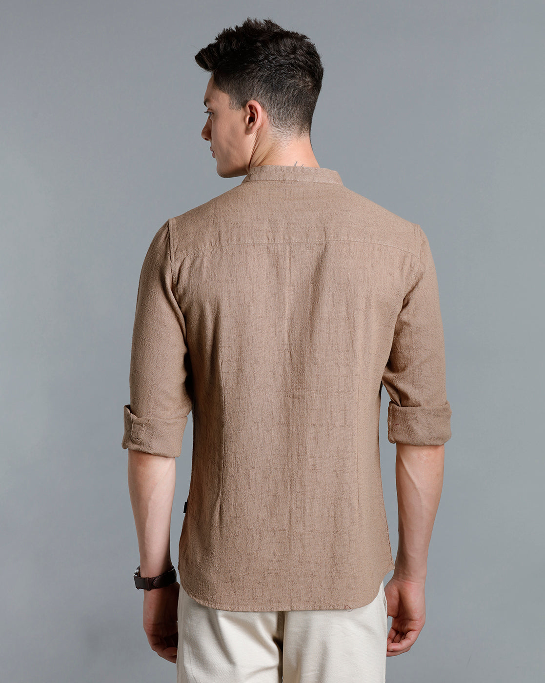 IDENTITI Men Slim Fit Mandarin Collar Solid Shirt In Beige