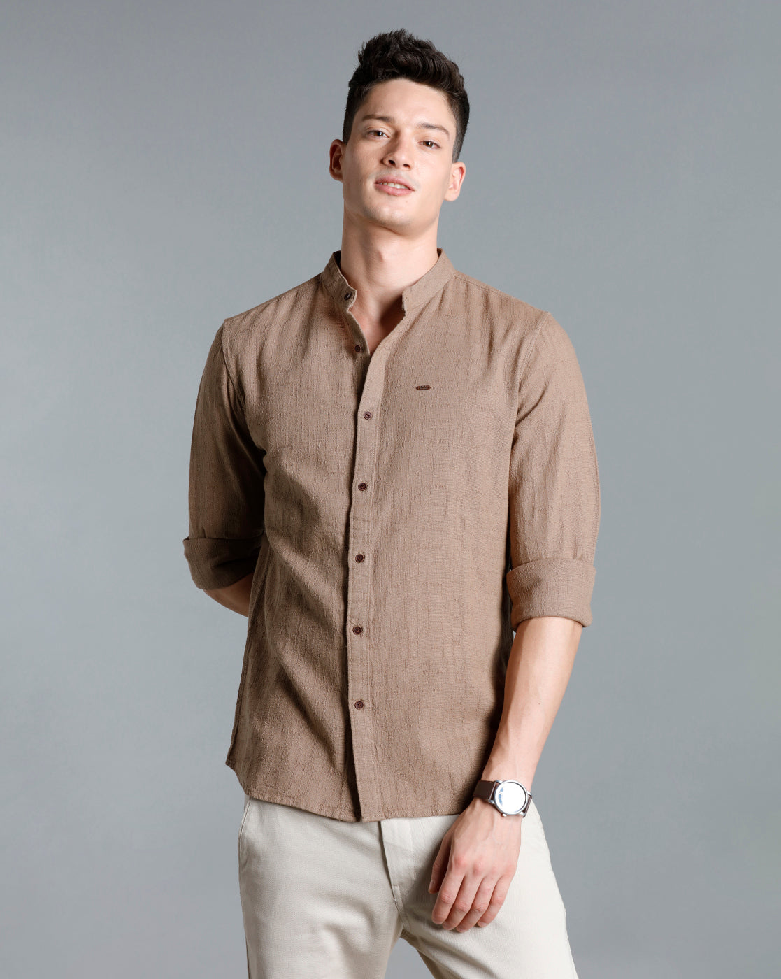 IDENTITI Men Slim Fit Mandarin Collar Solid Shirt In Beige