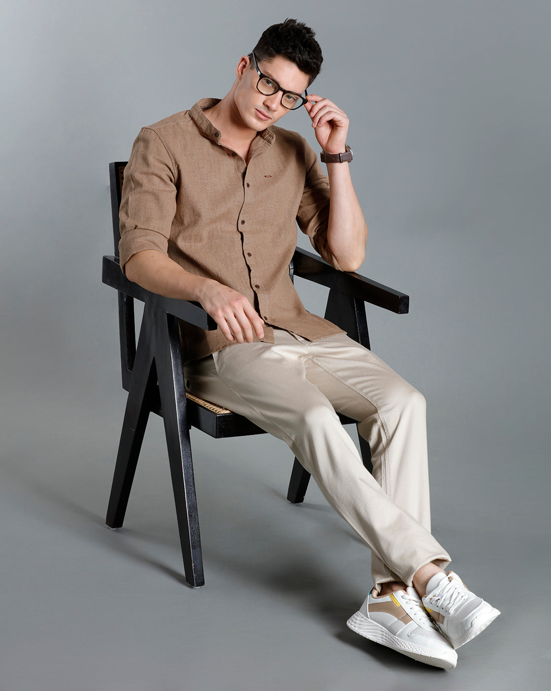 IDENTITI Men Slim Fit Mandarin Collar Solid Shirt In Beige