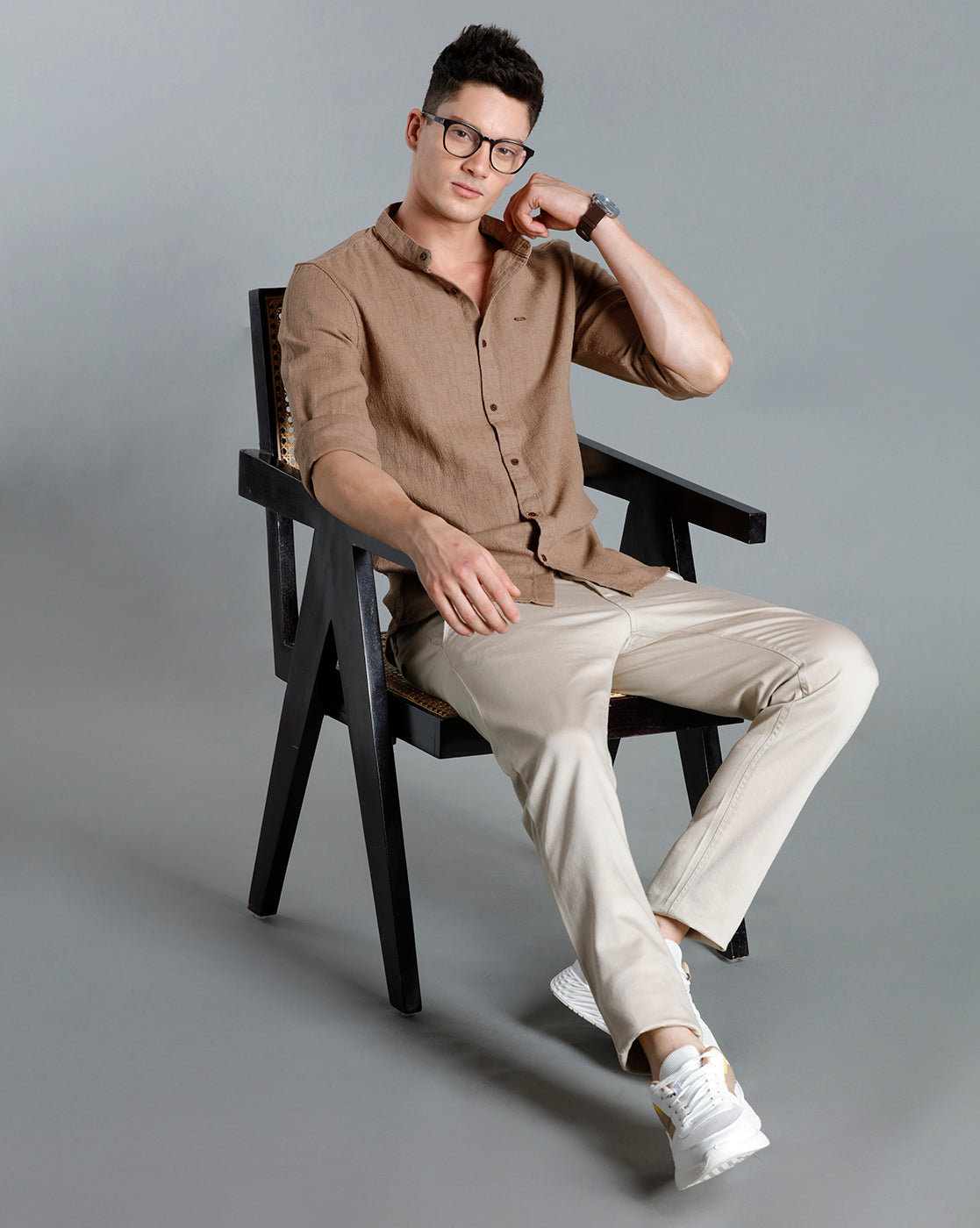 IDENTITI Men Slim Fit Mandarin Collar Solid Shirt In Beige