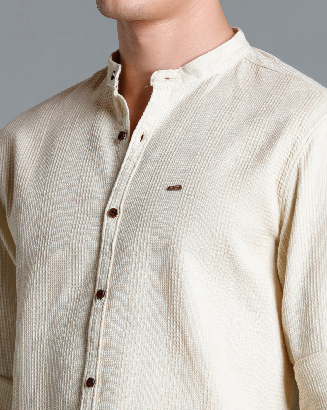 IDENTITI Men Slim Fit Mandarin Collar Solid Shirt In Beige.