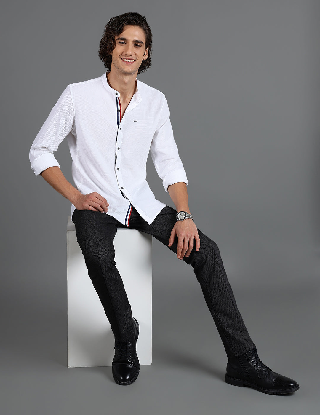 IDENTITI Men Slim Fit Mandarin Collar Solid Shirt In White