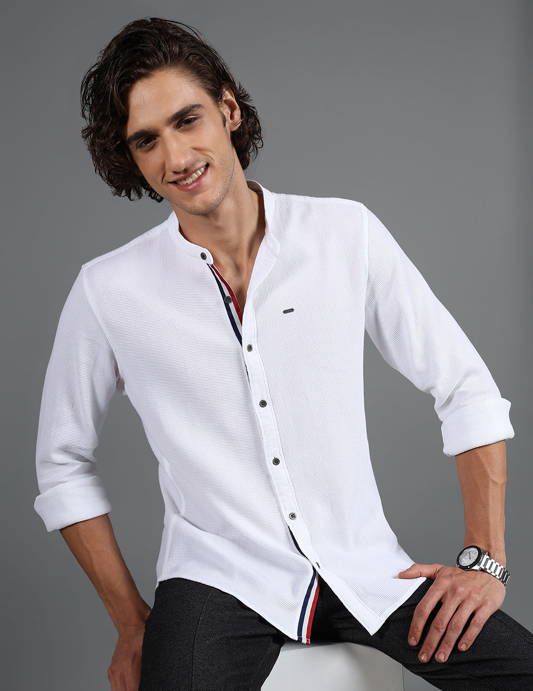 IDENTITI Men Slim Fit Mandarin Collar Solid Shirt In White