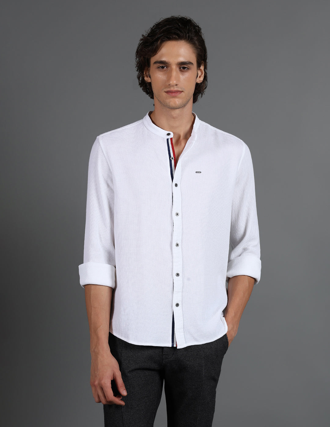 IDENTITI Men Slim Fit Mandarin Collar Solid Shirt In White