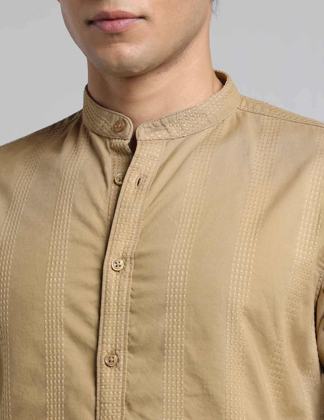 IDENTITI Men Slim Fit Mandarin Collar Solid Shirt In Khaki.