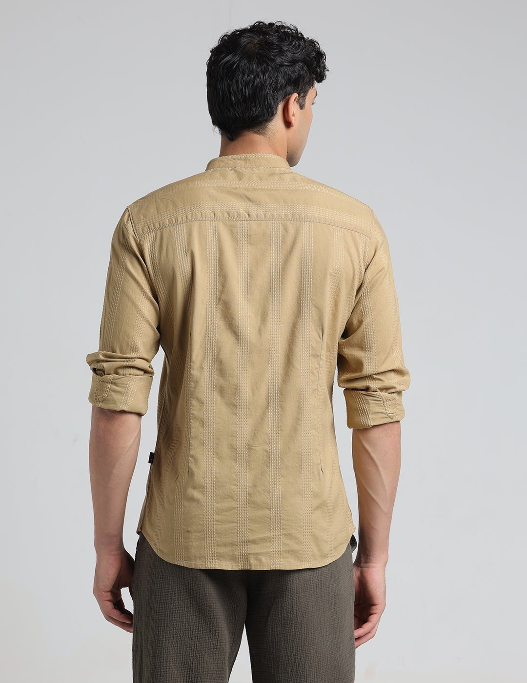 IDENTITI Men Slim Fit Mandarin Collar Solid Shirt In Khaki.