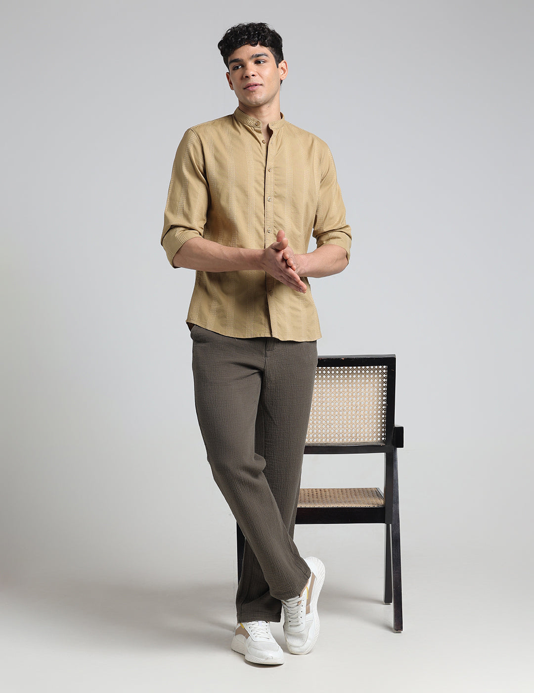 IDENTITI Men Slim Fit Mandarin Collar Solid Shirt In Khaki.