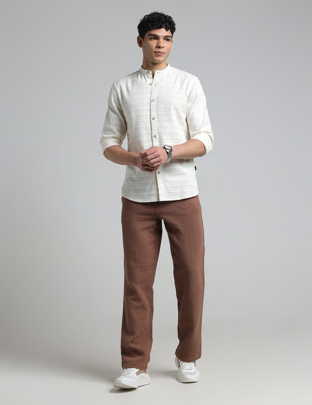 IDENTITI Men Slim Fit Mandarin Collar Solid Shirt In Offwhite.
