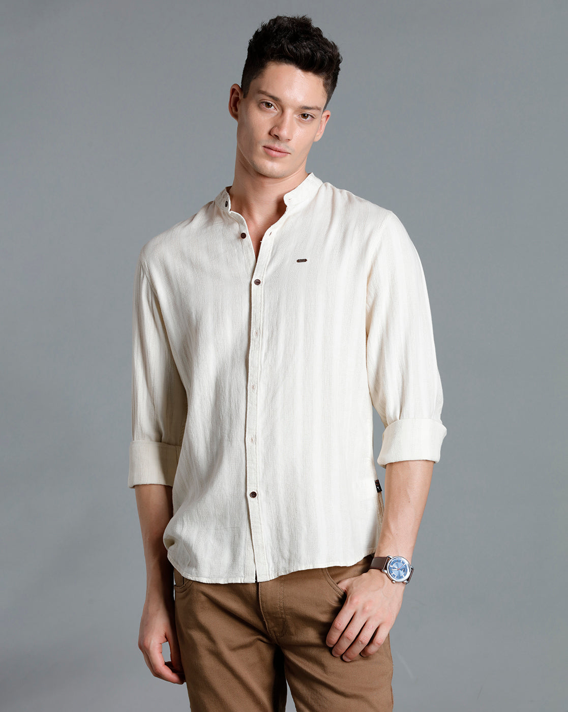 IDENTITI Men Slim Fit Mandarin Collar Solid Shirt In Beige.