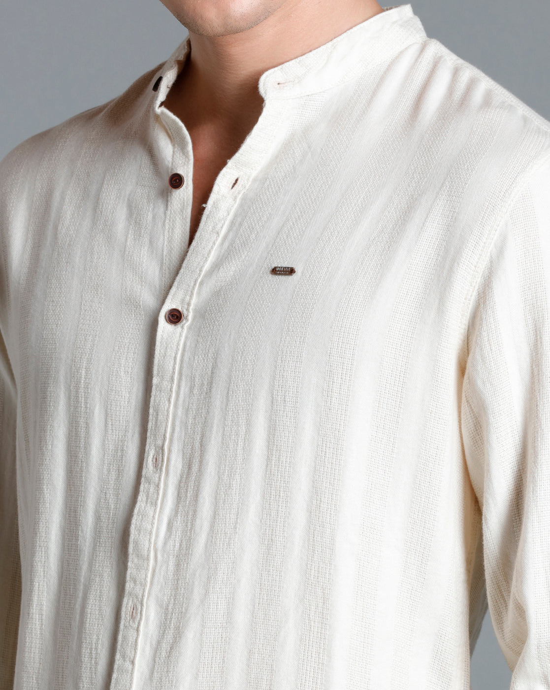 IDENTITI Men Slim Fit Mandarin Collar Solid Shirt In Beige.