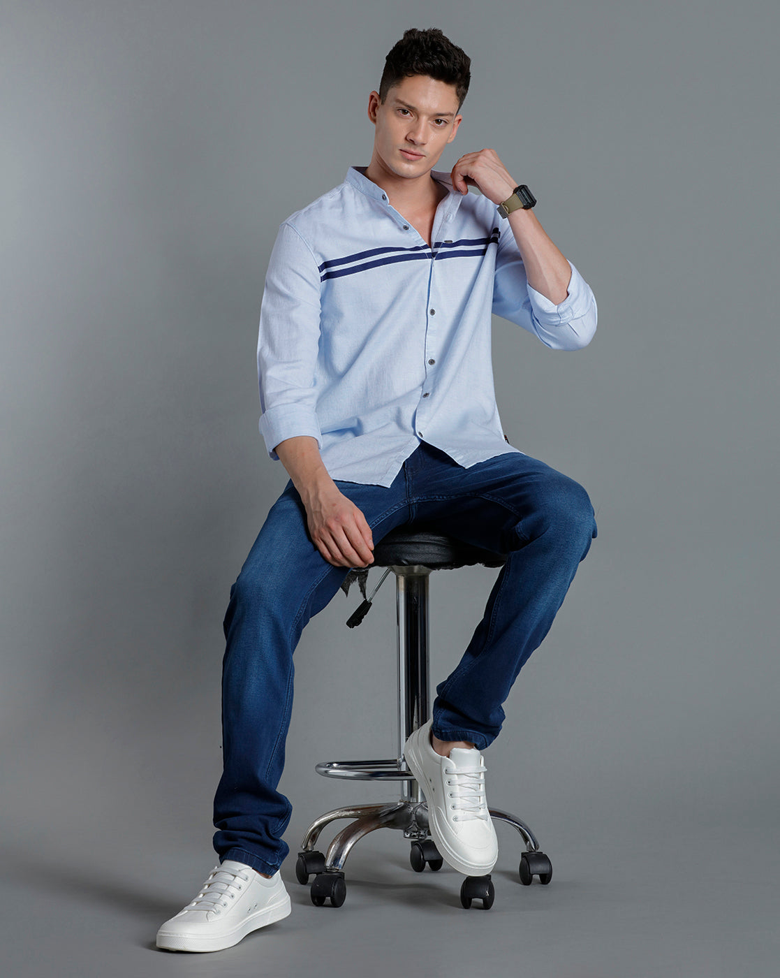 IDENTITI Men Slim Fit Mandarin Collar Solid Shirt In Blue