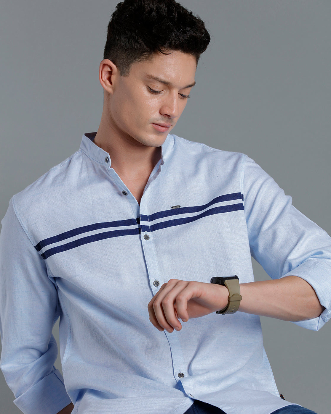 IDENTITI Men Slim Fit Mandarin Collar Solid Shirt In Blue