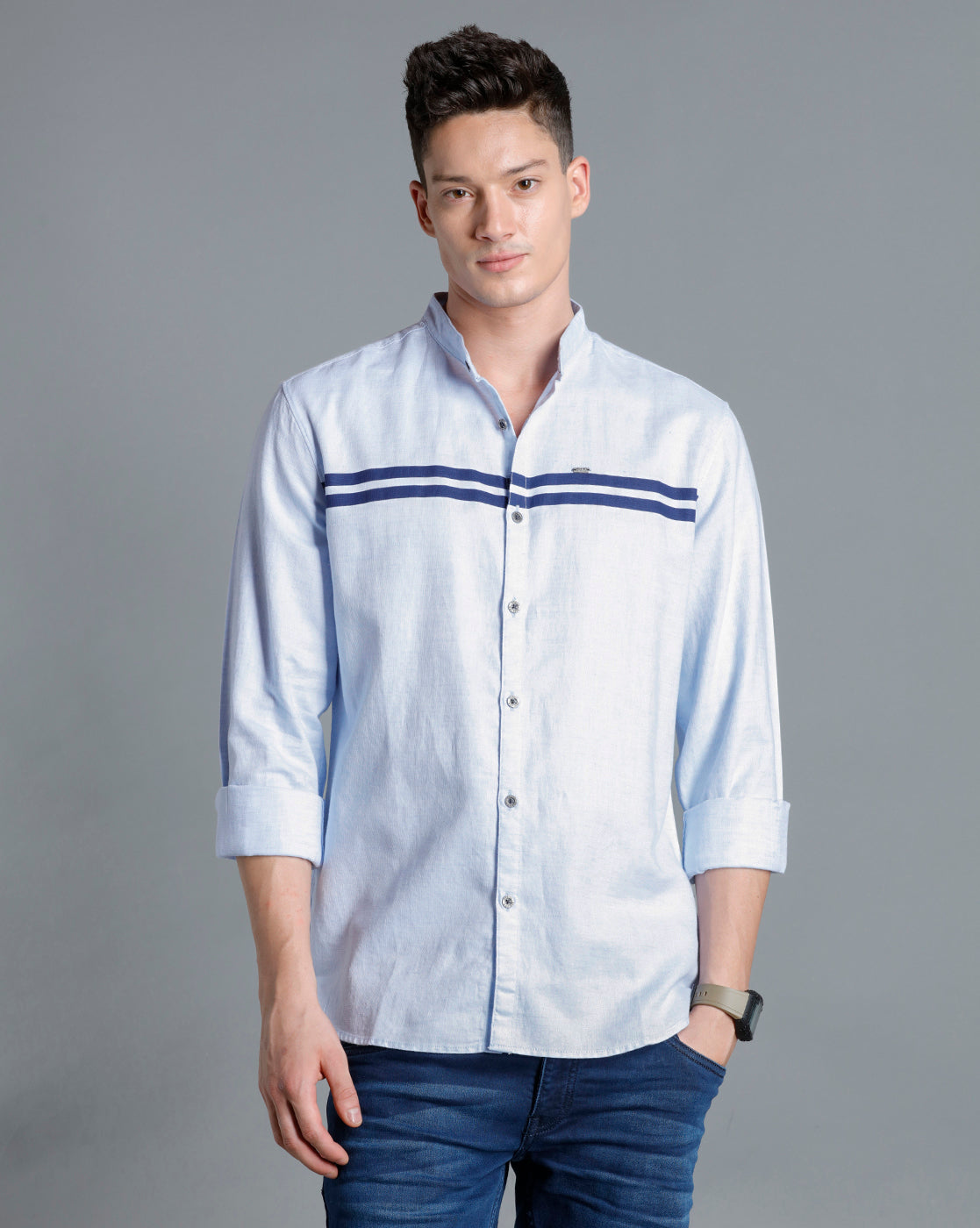 IDENTITI Men Slim Fit Mandarin Collar Solid Shirt In Blue