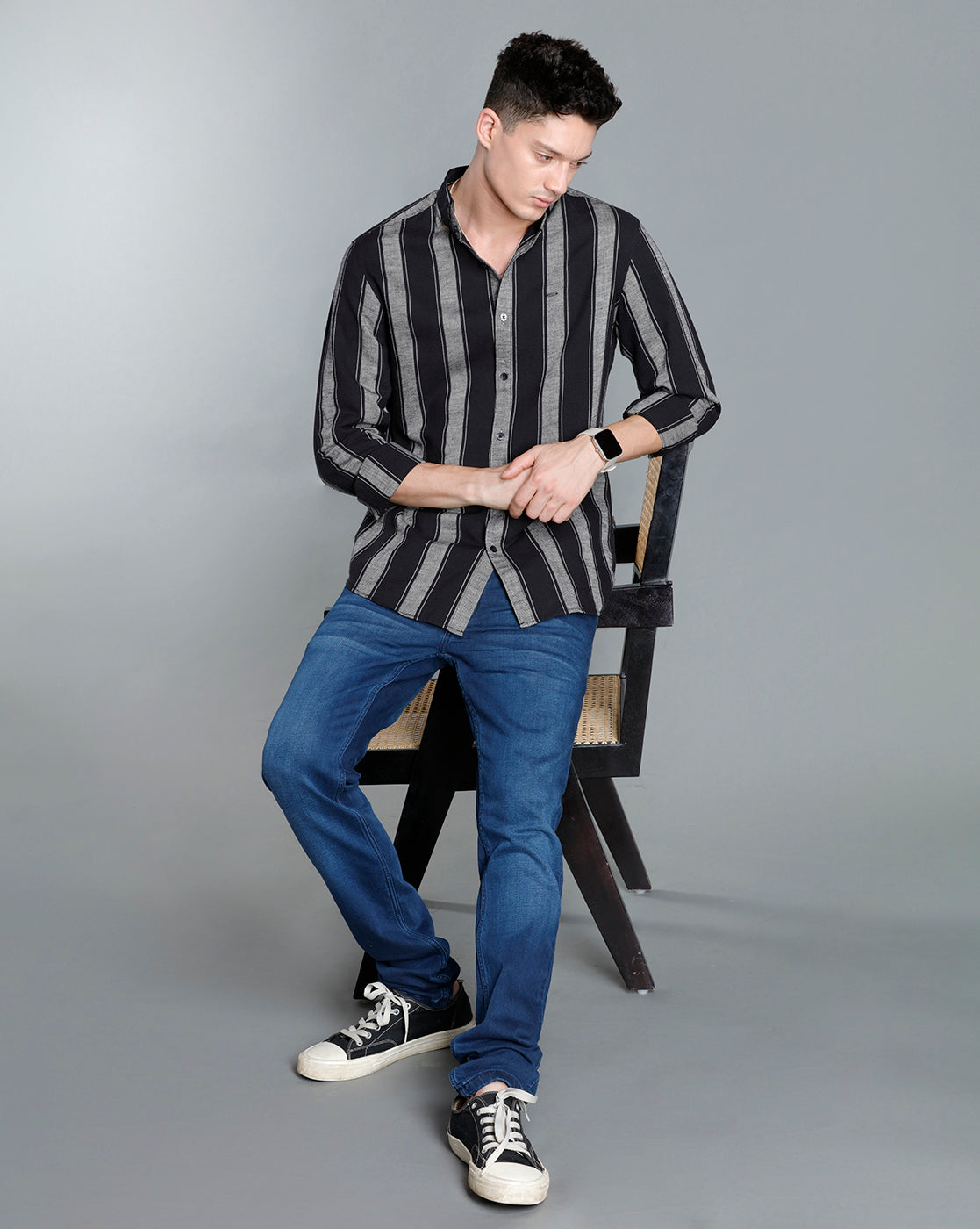 IDENTITI Men Slim Fit Mandarin Collar Striped Shirt In Black