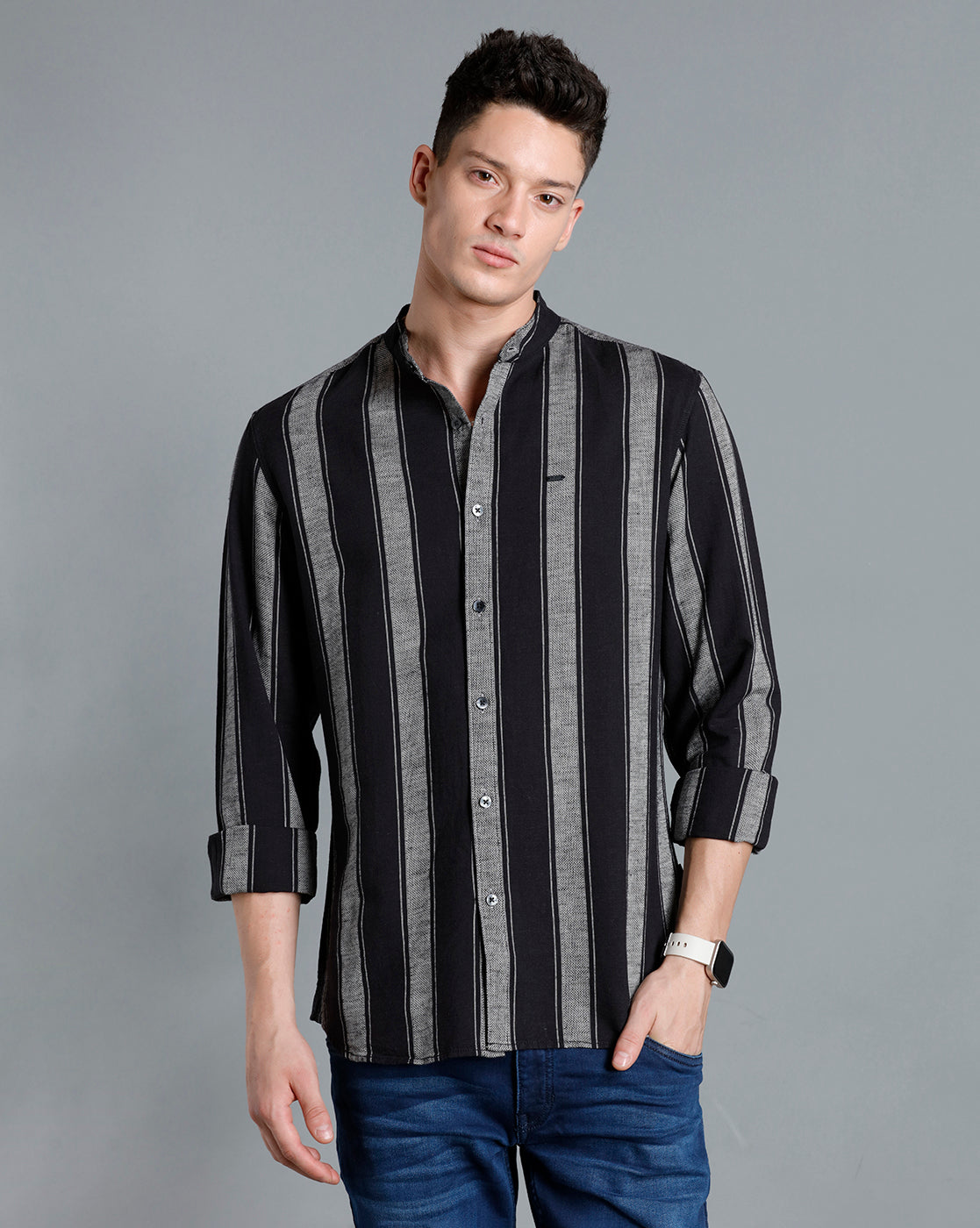 IDENTITI Men Slim Fit Mandarin Collar Striped Shirt In Black